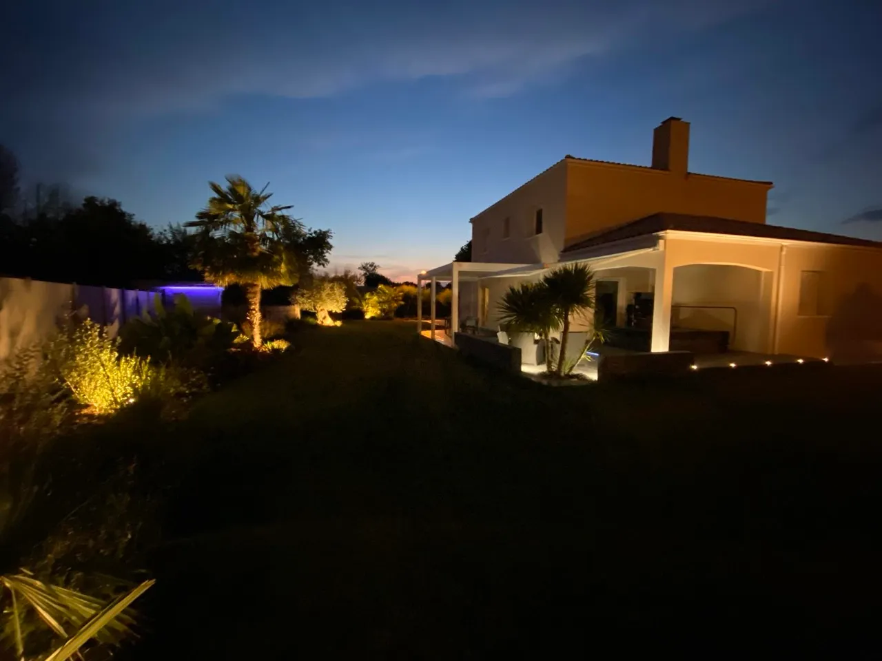 Mise en lumière paysagère nocturne — terrasse et palmiers éclairés par AVP
